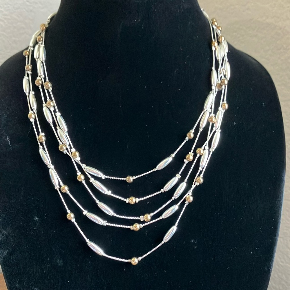Liz Claiborne Silver and Gold‎ Layered Beaded Metal Necklace